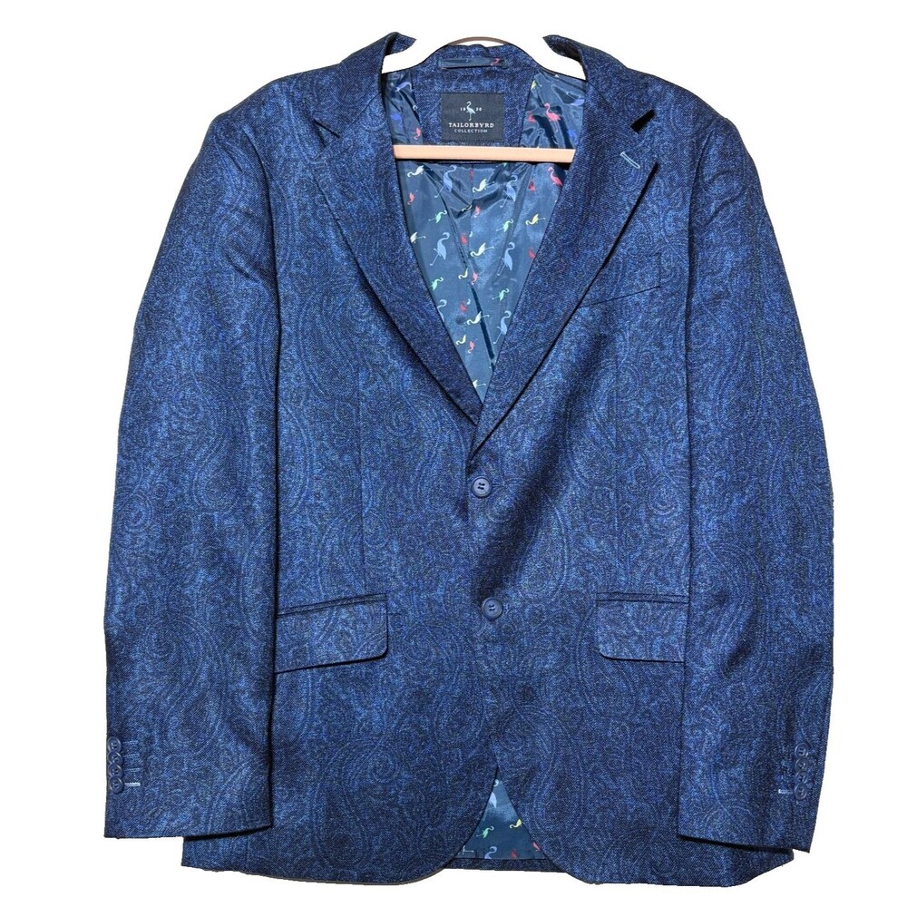 TailorByrd Mens 38R Sport Coat Jacket Modern Fit Paisley Navy Flamingo Lining EU